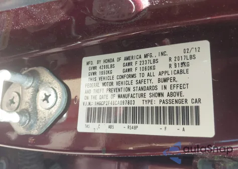 2012 Honda Accord Lxp from USA, damaged, VIN 1HGCP2F46CA097803